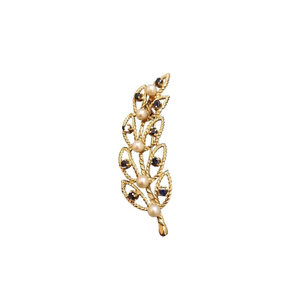 Vintage 14kt Gold Pearl And Sapphire Leaf Shaped Brooch (AN5-5/57)
